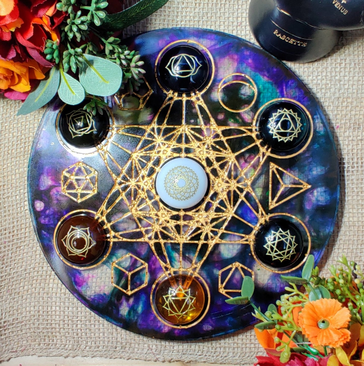 Resin Crystal Grid Board, Platonic Solid Sacred Geometry Chakra Healing Kit, Mandala Pattern Epoxy Art for Crystal Work and Spirit Guide