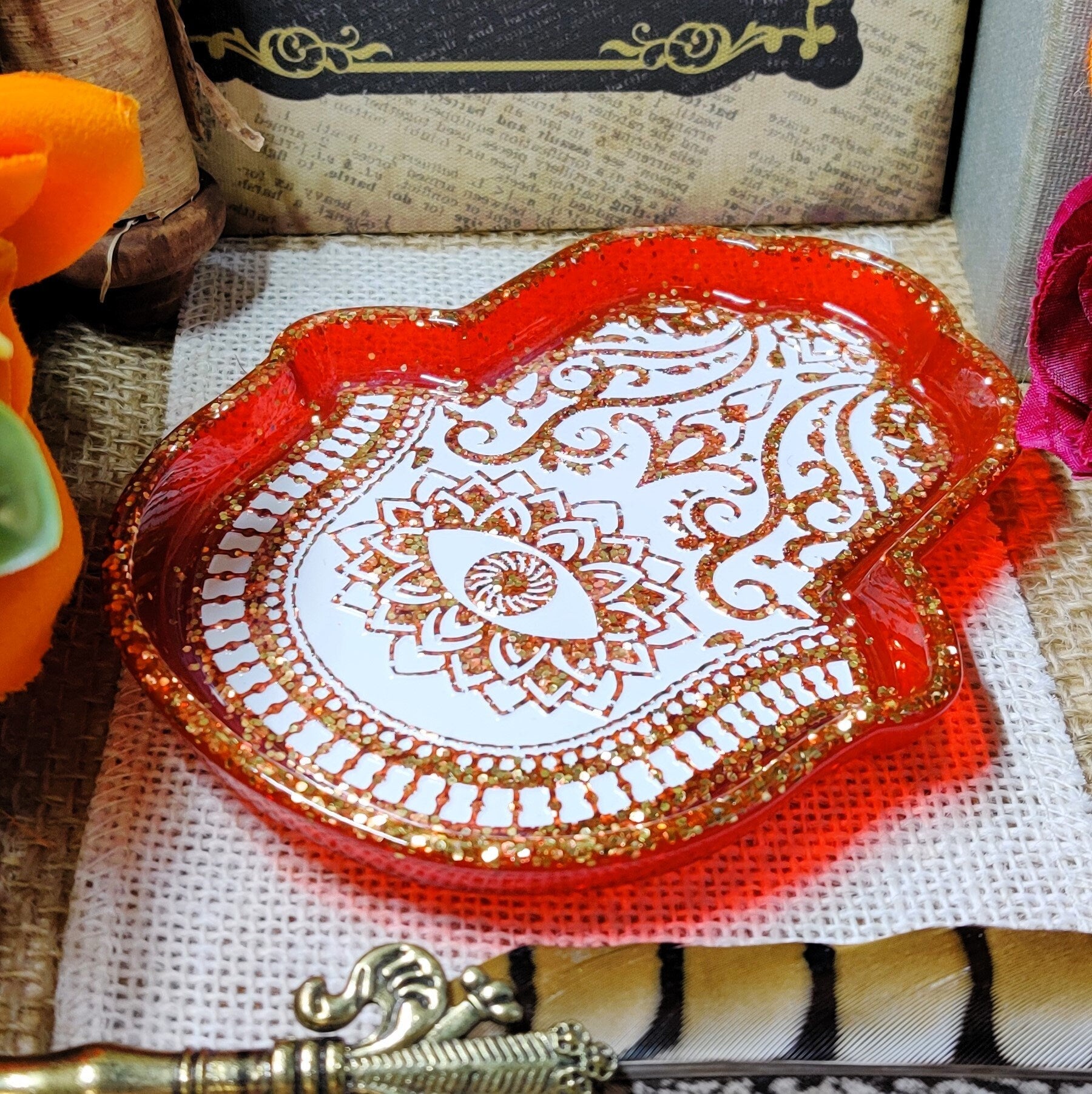 Hamsa Hand Jewelry Tray, Hand of Fatima Epoxy Resin Trinket Dish, Practical Magic Decor for Evil Eye Protection and Organizing Sacred Space