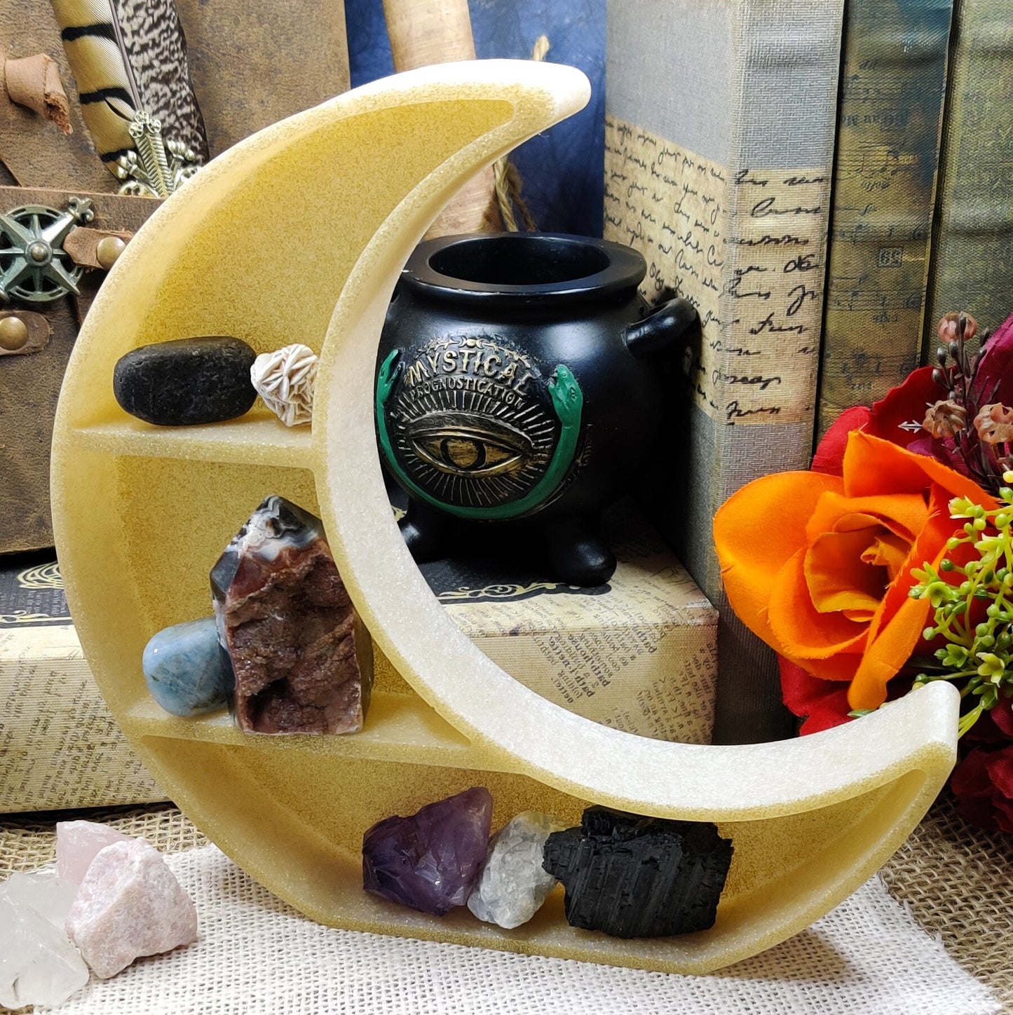 Crescent Moon Shelf, 3 Tier Witch Curio and Crystal Organizer, Epoxy Resin Pagan Home Decor for Lunar Witch and Nature Lover, Wicca Gift