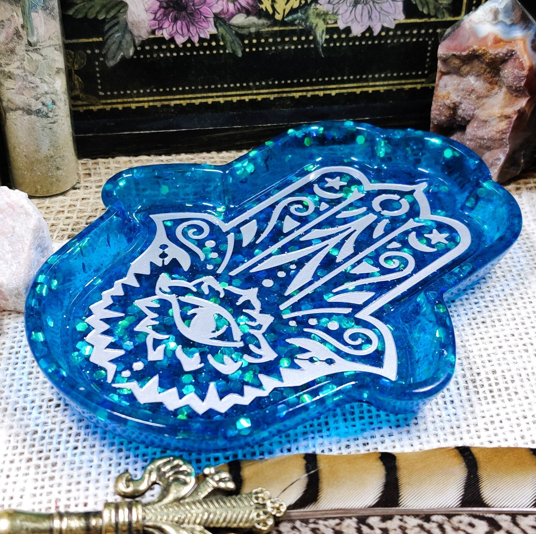 Hamsa Hand Jewelry Tray, Hand of Fatima Epoxy Resin Trinket Dish, Practical Magic Decor for Evil Eye Protection and Organizing Sacred Space