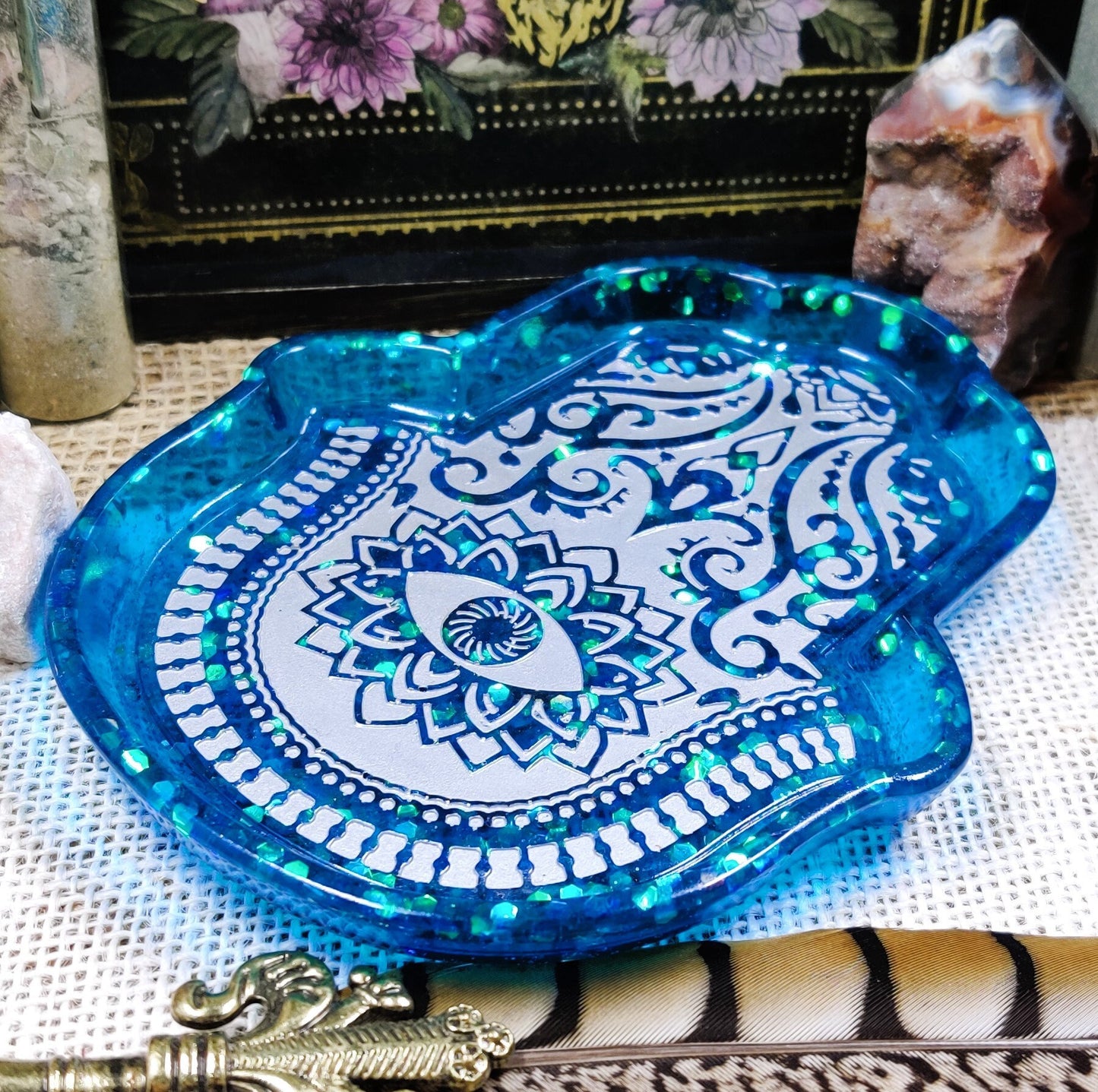 Hamsa Hand Jewelry Tray, Hand of Fatima Epoxy Resin Trinket Dish, Practical Magic Decor for Evil Eye Protection and Organizing Sacred Space