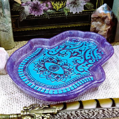 Hamsa Hand Jewelry Tray, Hand of Fatima Epoxy Resin Trinket Dish, Practical Magic Decor for Evil Eye Protection and Organizing Sacred Space