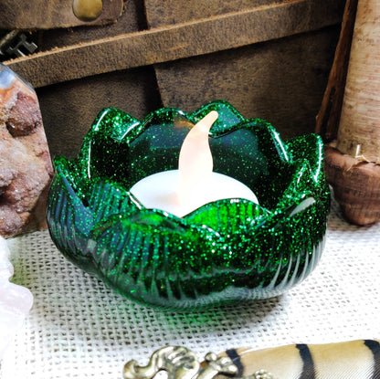 Lotus Bloom Tealight Holder, Water Lily Flower Petal Tea Candle Holder, Resin Meditation Gift & Sacred Space Altar Accessory for Pagan Witch