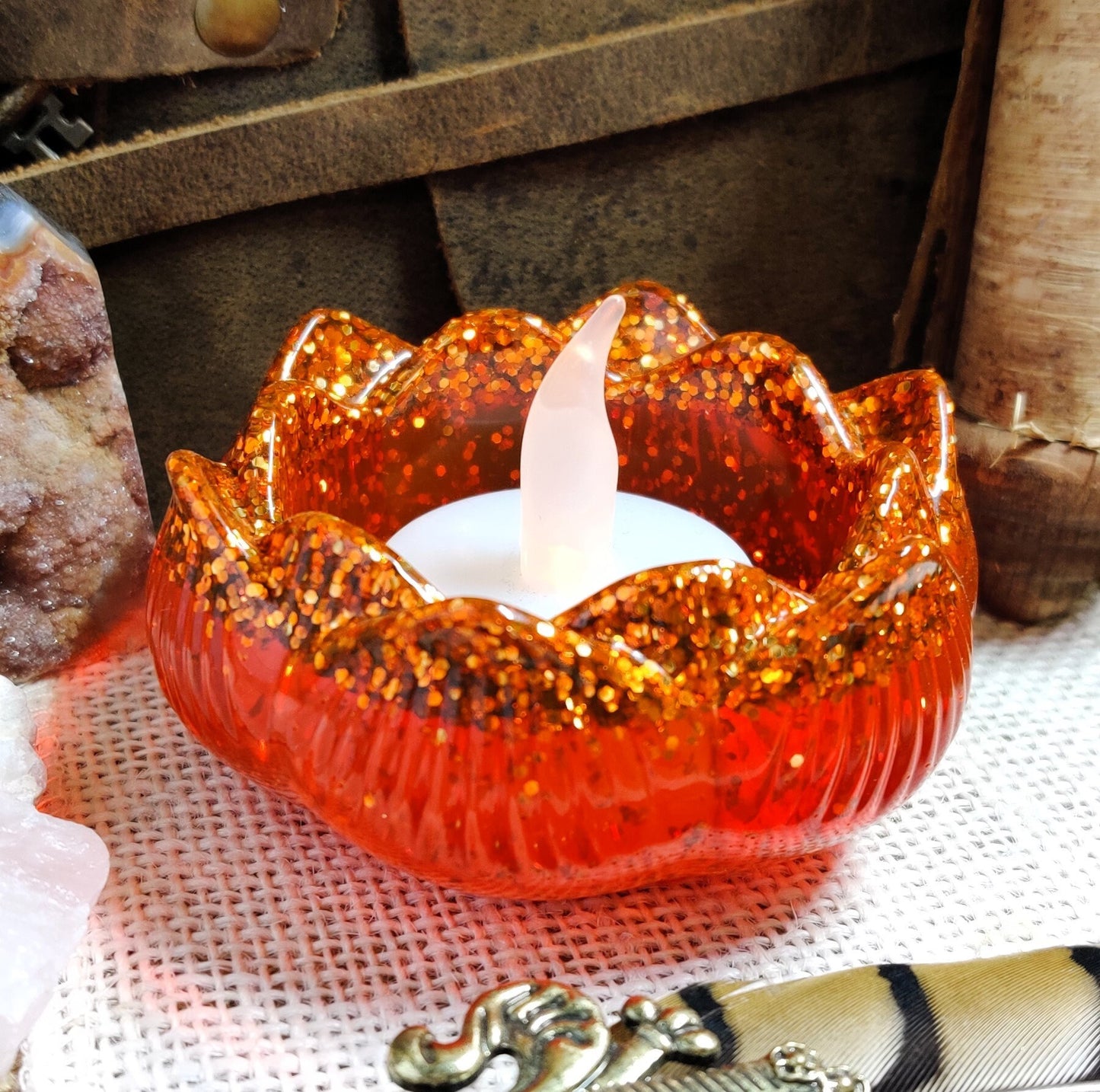 Lotus Bloom Tealight Holder, Water Lily Flower Petal Tea Candle Holder, Resin Meditation Gift & Sacred Space Altar Accessory for Pagan Witch