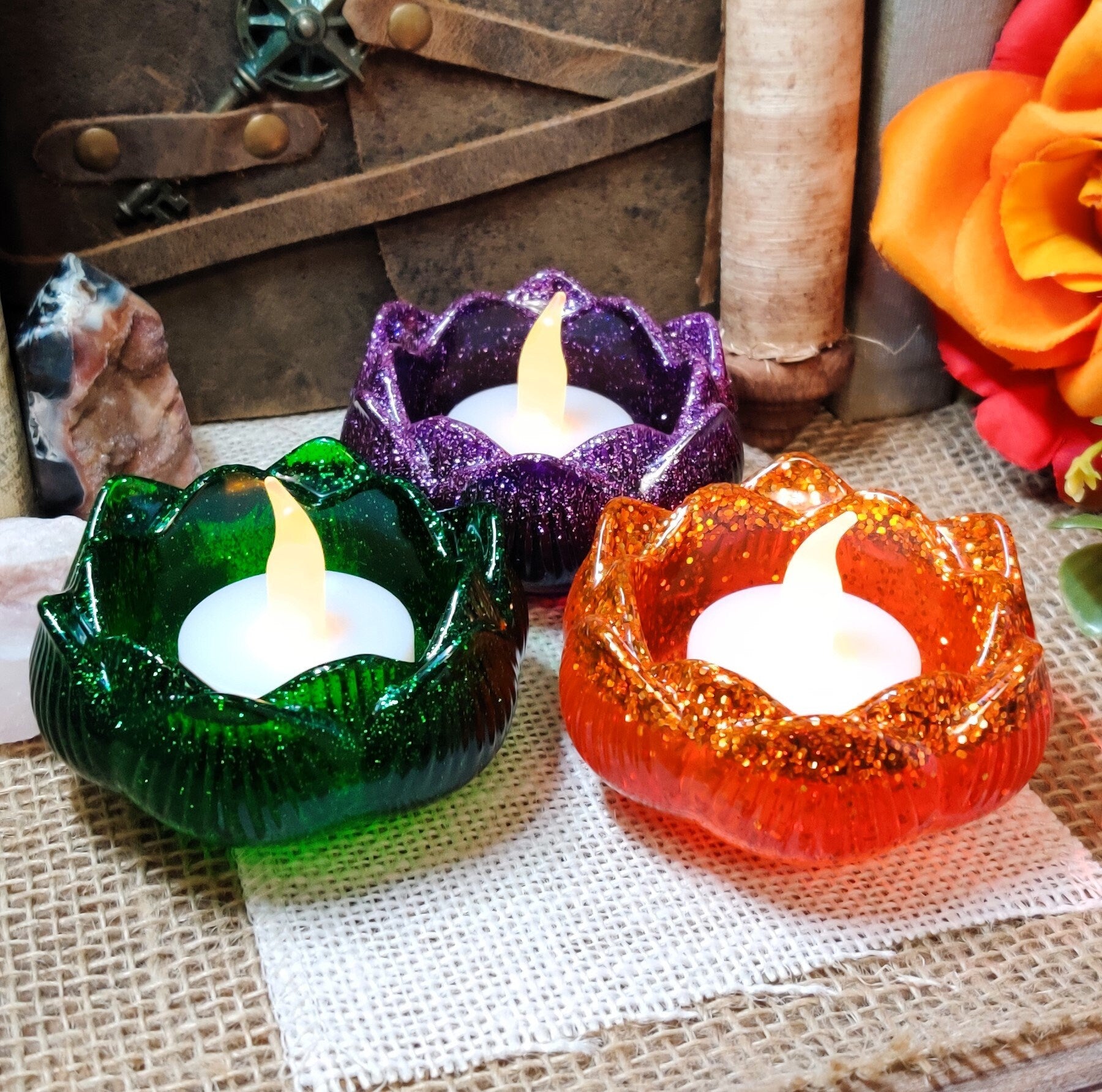 Lotus Bloom Tealight Holder, Water Lily Flower Petal Tea Candle Holder, Resin Meditation Gift & Sacred Space Altar Accessory for Pagan Witch