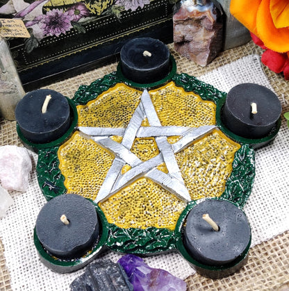 Pentacle Tealight Candle Holder, 5 Pointed Star Altar Accessory, Gold Silver Pentagram Candle Holder for Sacred Space and Witchy Room Decor