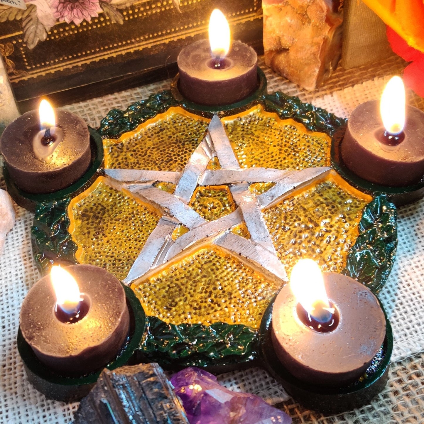 Pentacle Tealight Candle Holder, 5 Pointed Star Altar Accessory, Gold Silver Pentagram Candle Holder for Sacred Space and Witchy Room Decor