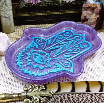 Hamsa Hand Jewelry Tray, Hand of Fatima Epoxy Resin Trinket Dish, Practical Magic Decor for Evil Eye Protection and Organizing Sacred Space