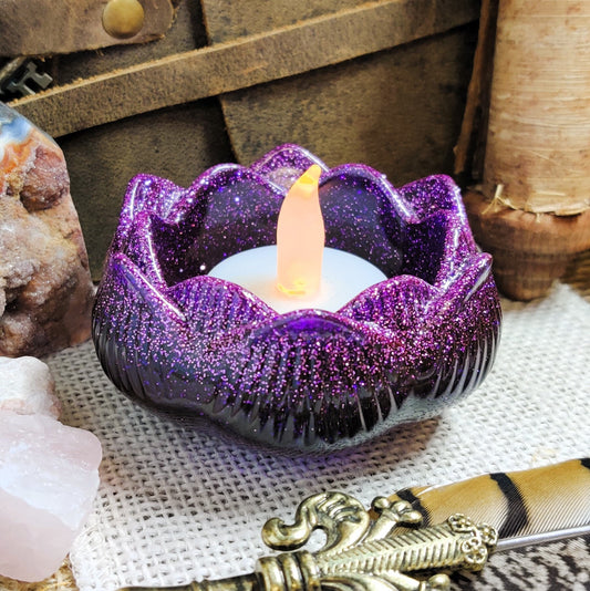 Lotus Bloom Tealight Holder, Water Lily Flower Petal Tea Candle Holder, Resin Meditation Gift & Sacred Space Altar Accessory for Pagan Witch