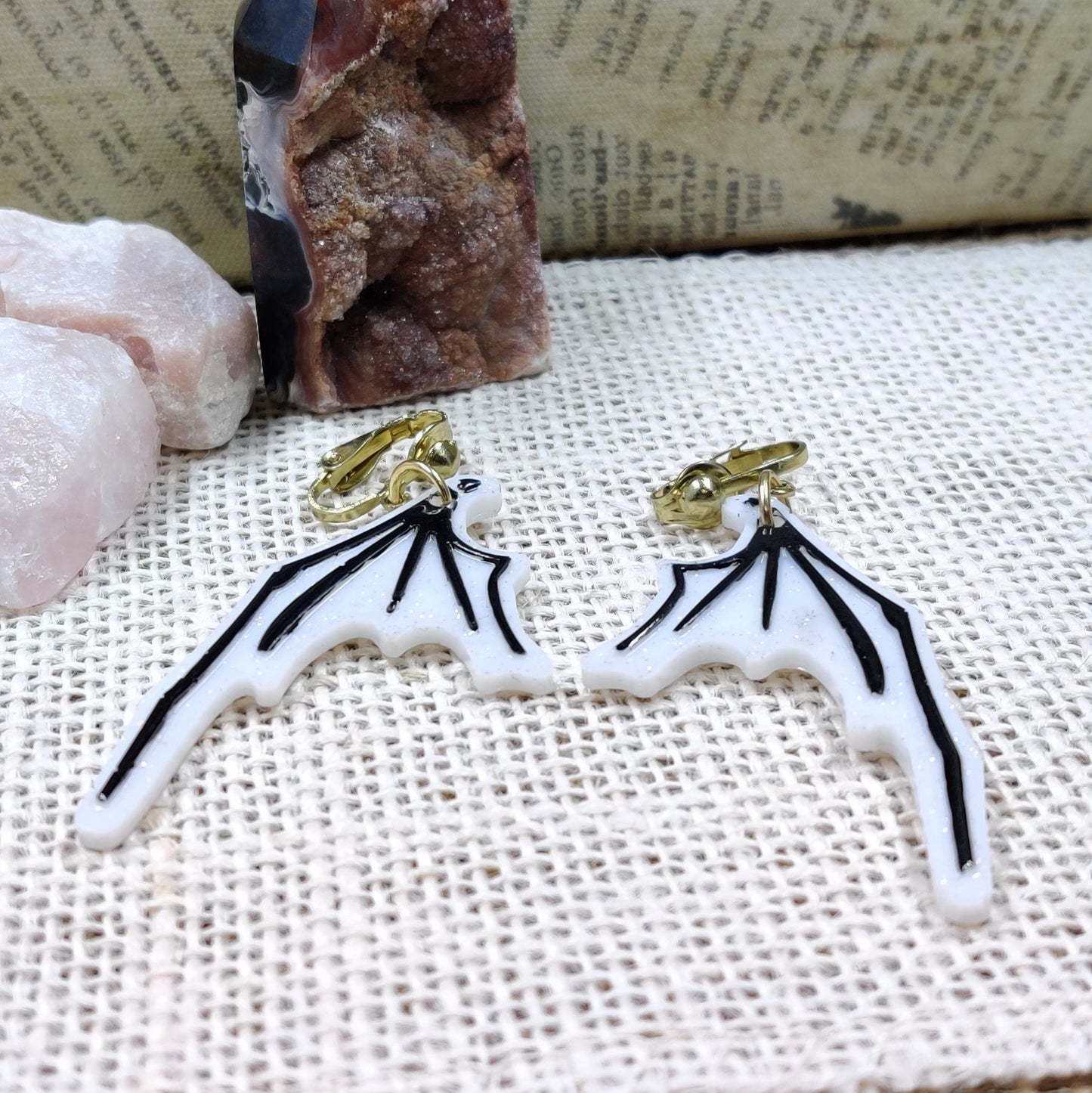 Clip-On Gothic Bat Wing Earrings, Black & White Dark Fashion Lightweight Epoxy Resin Clip-Ons, Spooky Jewelry For Night Out Or Everyday Wear