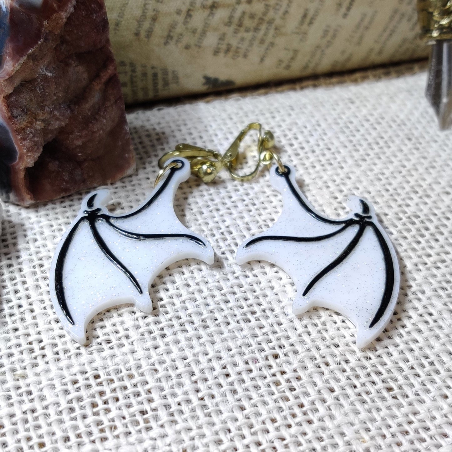 Clip-On Gothic Bat Wing Earrings, Black & White Dark Fashion Lightweight Epoxy Resin Clip-Ons, Spooky Jewelry For Night Out Or Everyday Wear