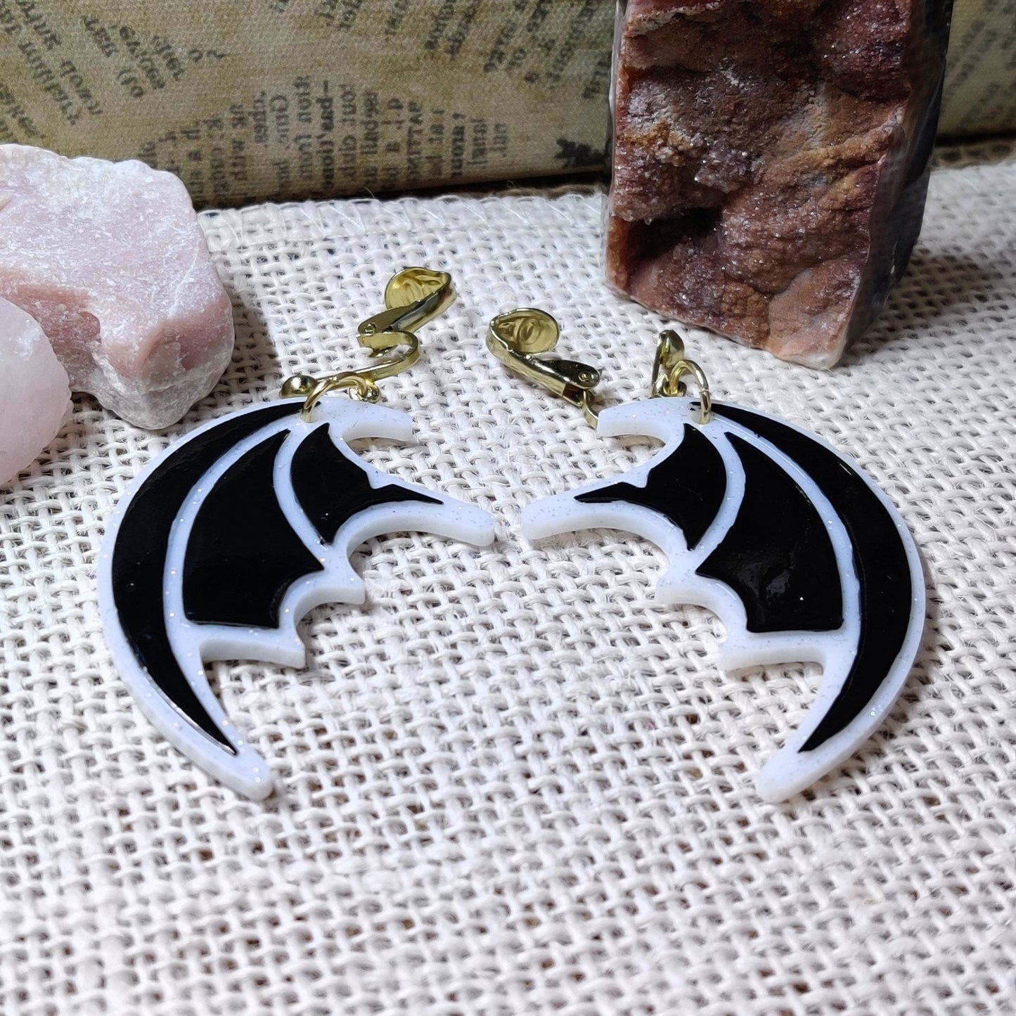 Clip-On Gothic Bat Wing Earrings, Black & White Dark Fashion Lightweight Epoxy Resin Clip-Ons, Spooky Jewelry For Night Out Or Everyday Wear