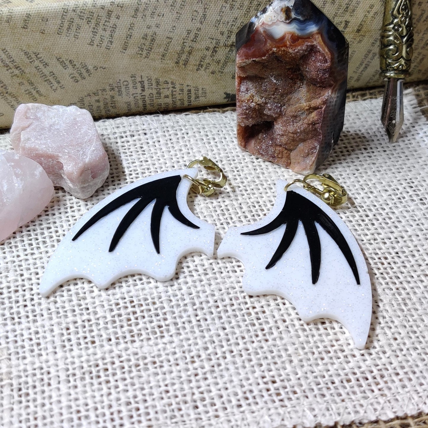 Clip-On Gothic Bat Wing Earrings, Black & White Dark Fashion Lightweight Epoxy Resin Clip-Ons, Spooky Jewelry For Night Out Or Everyday Wear