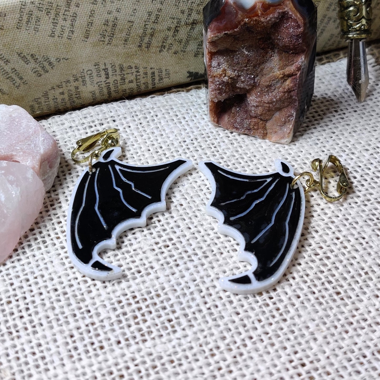 Clip-On Gothic Bat Wing Earrings, Black & White Dark Fashion Lightweight Epoxy Resin Clip-Ons, Spooky Jewelry For Night Out Or Everyday Wear