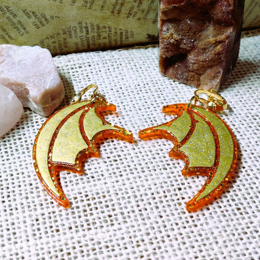 Clip-On Gothic Bat Wing Earrings, Red & Gold Dark Fashion Lightweight Epoxy Resin Clip-Ons, Spooky Jewelry For Night Out Or Everyday Wear