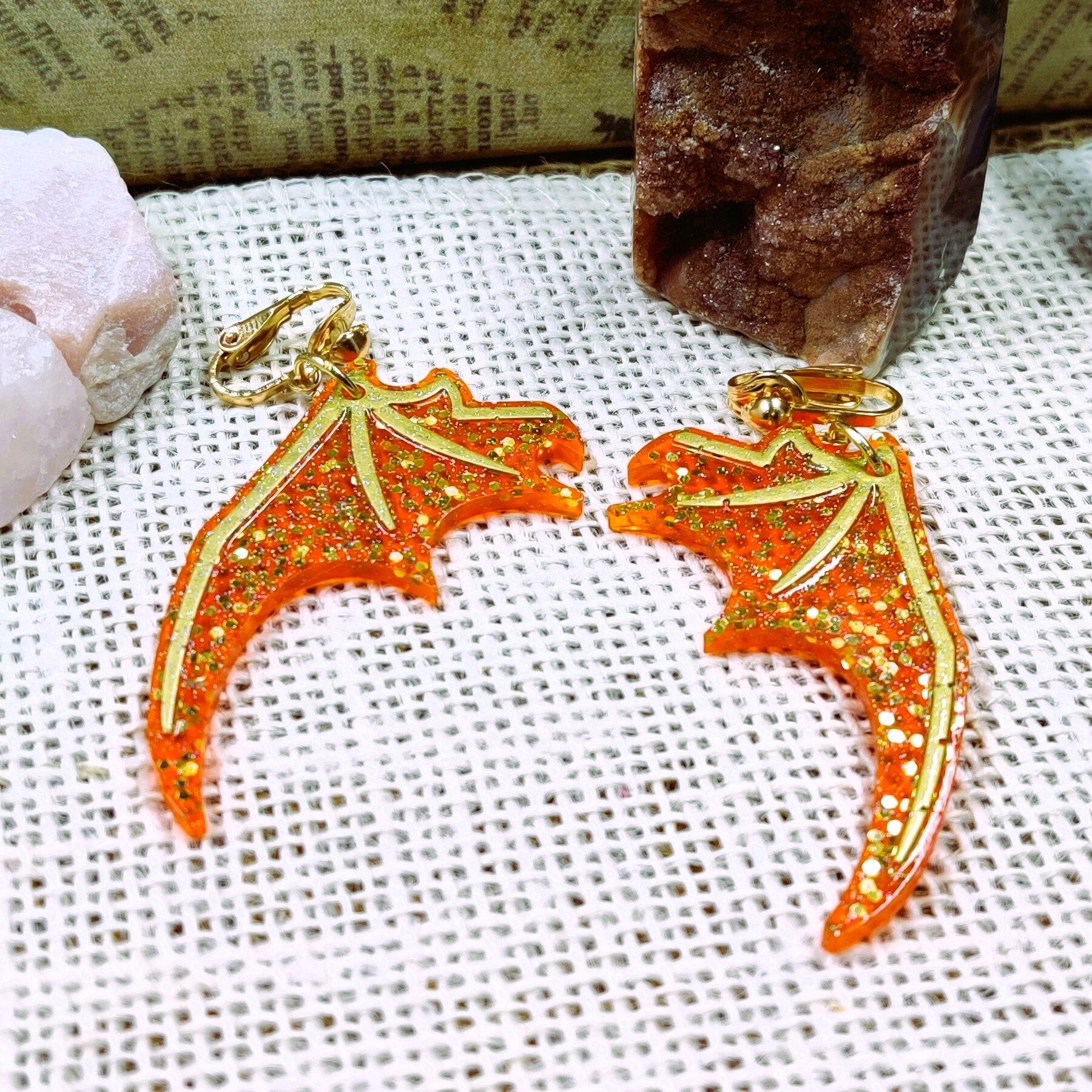 Clip-On Gothic Bat Wing Earrings, Red & Gold Dark Fashion Lightweight Epoxy Resin Clip-Ons, Spooky Jewelry For Night Out Or Everyday Wear