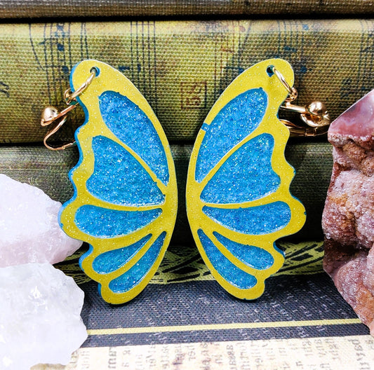 Clip-On Fantasy Fairy Wing Earrings, Blue Gold Fae Fashion Lightweight Epoxy Resin Clip-Ons, Fantasy Jewelry For Night Out Or Everyday Wear