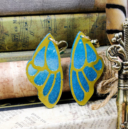 Clip-On Fantasy Fairy Wing Earrings, Blue Gold Fae Fashion Lightweight Epoxy Resin Clip-Ons, Fantasy Jewelry For Night Out Or Everyday Wear