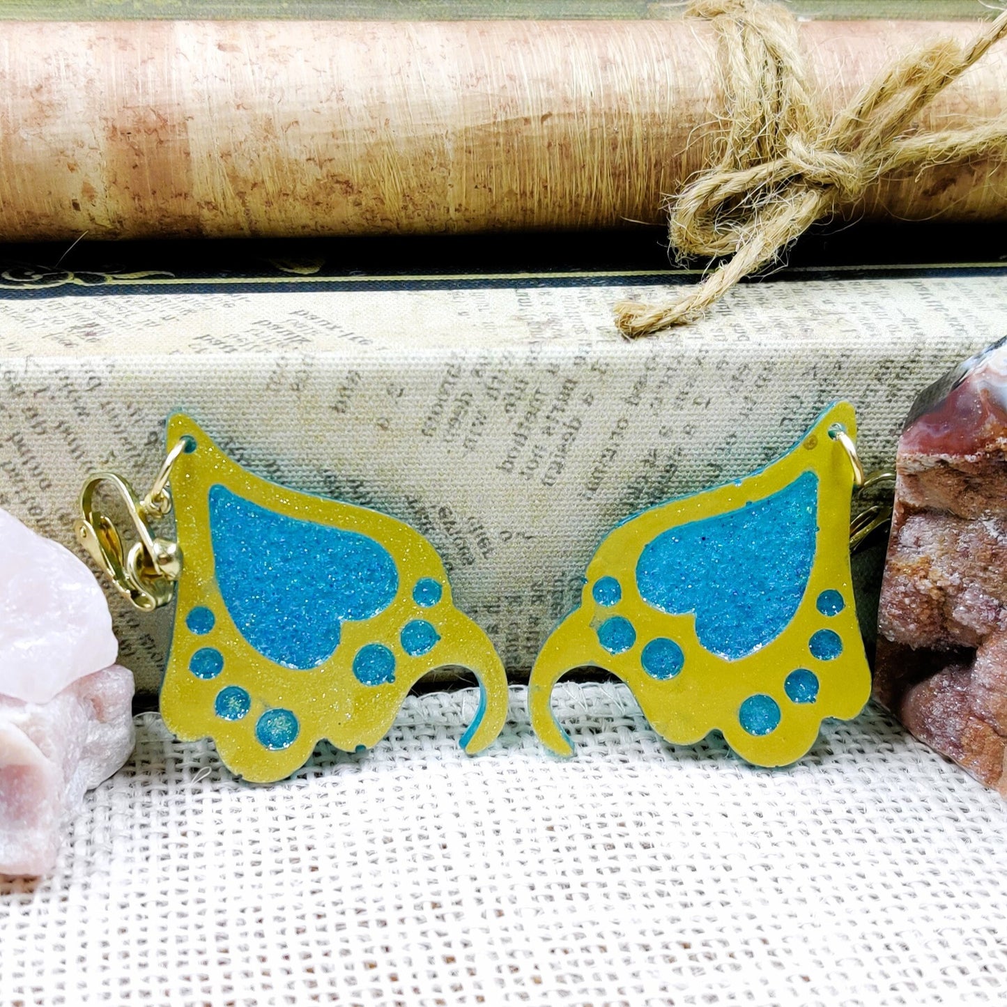 Clip-On Fantasy Fairy Wing Earrings, Blue Gold Fae Fashion Lightweight Epoxy Resin Clip-Ons, Fantasy Jewelry For Night Out Or Everyday Wear