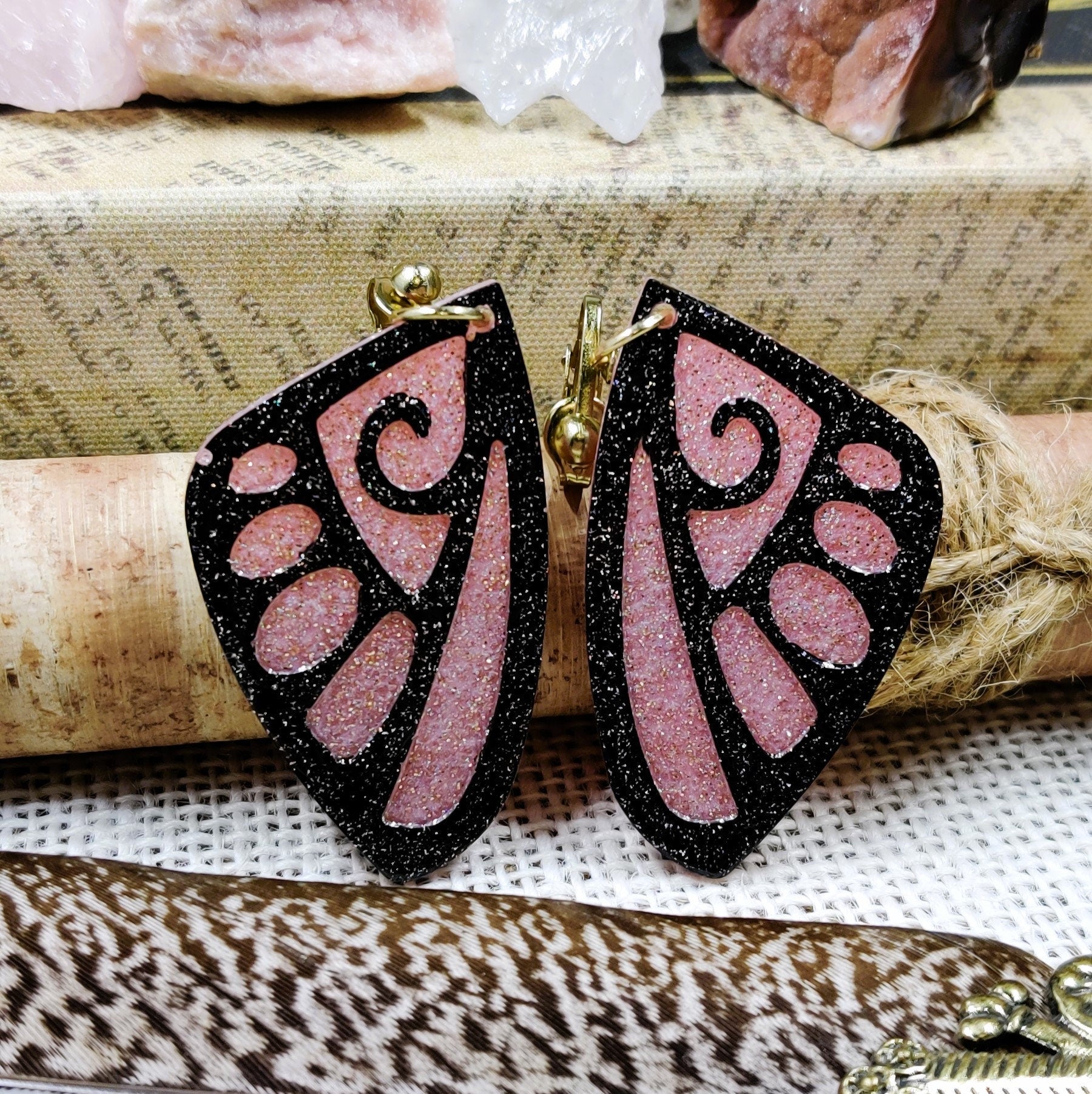 Clip-On Fantasy Fairy Wing Earrings, Black Pink Fae Fashion Lightweight Epoxy Resin Clip-Ons, Fantasy Jewelry For Night Out Or Everyday Wear