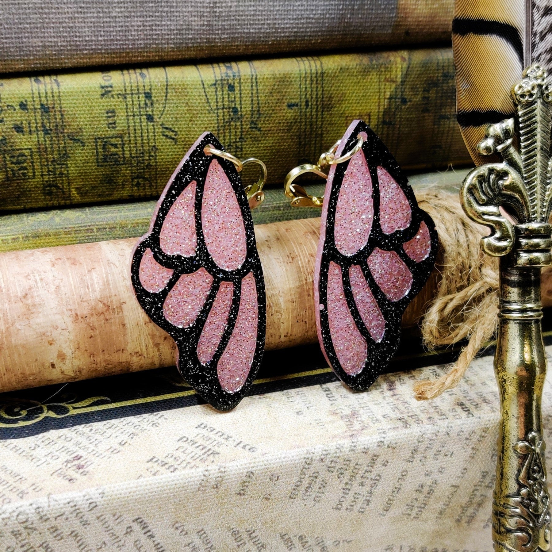 Clip-On Fantasy Fairy Wing Earrings, Black Pink Fae Fashion Lightweight Epoxy Resin Clip-Ons, Fantasy Jewelry For Night Out Or Everyday Wear