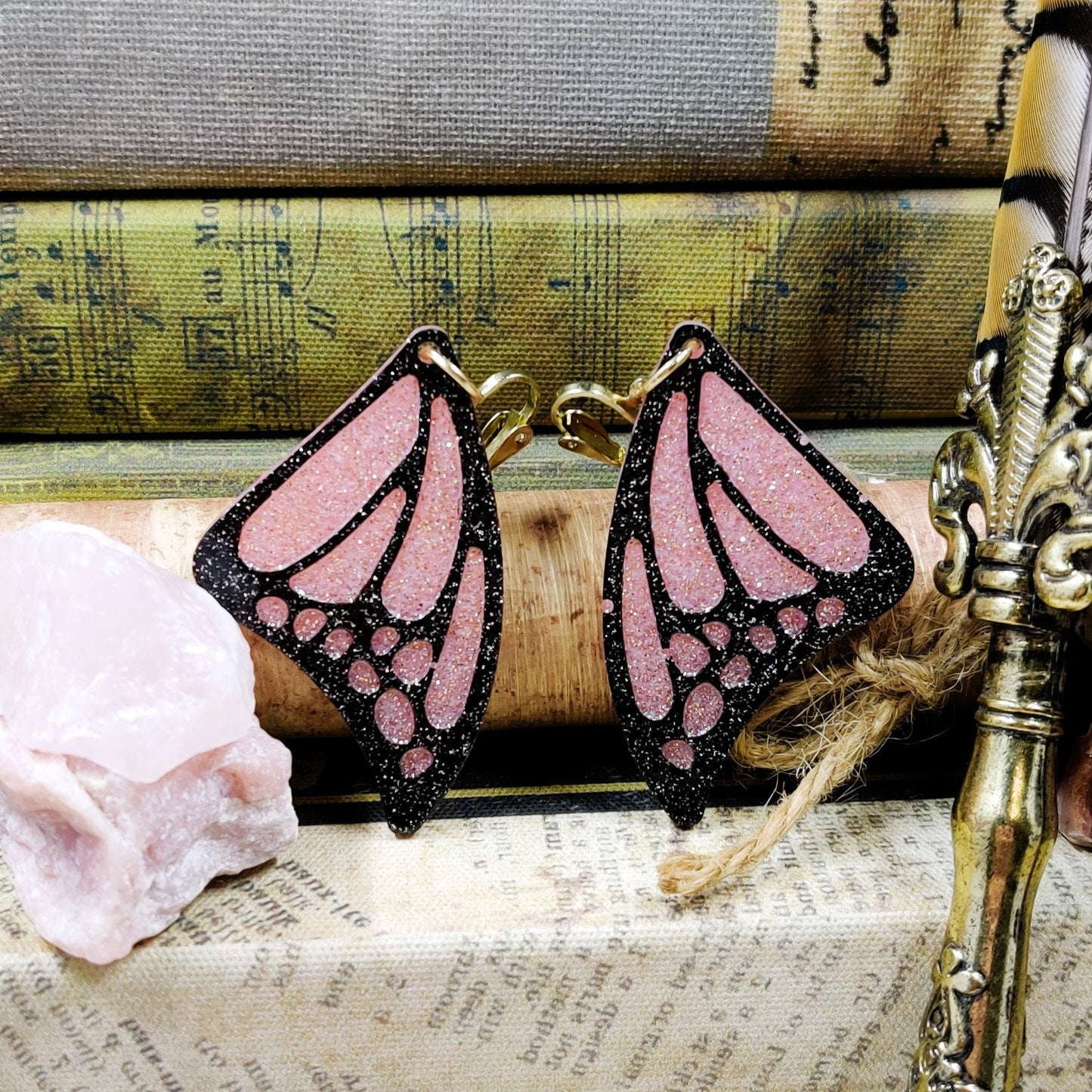 Clip-On Fantasy Fairy Wing Earrings, Black Pink Fae Fashion Lightweight Epoxy Resin Clip-Ons, Fantasy Jewelry For Night Out Or Everyday Wear