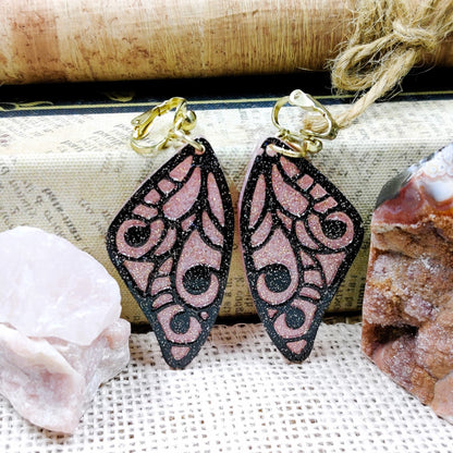 Clip-On Fantasy Fairy Wing Earrings, Black Pink Fae Fashion Lightweight Epoxy Resin Clip-Ons, Fantasy Jewelry For Night Out Or Everyday Wear