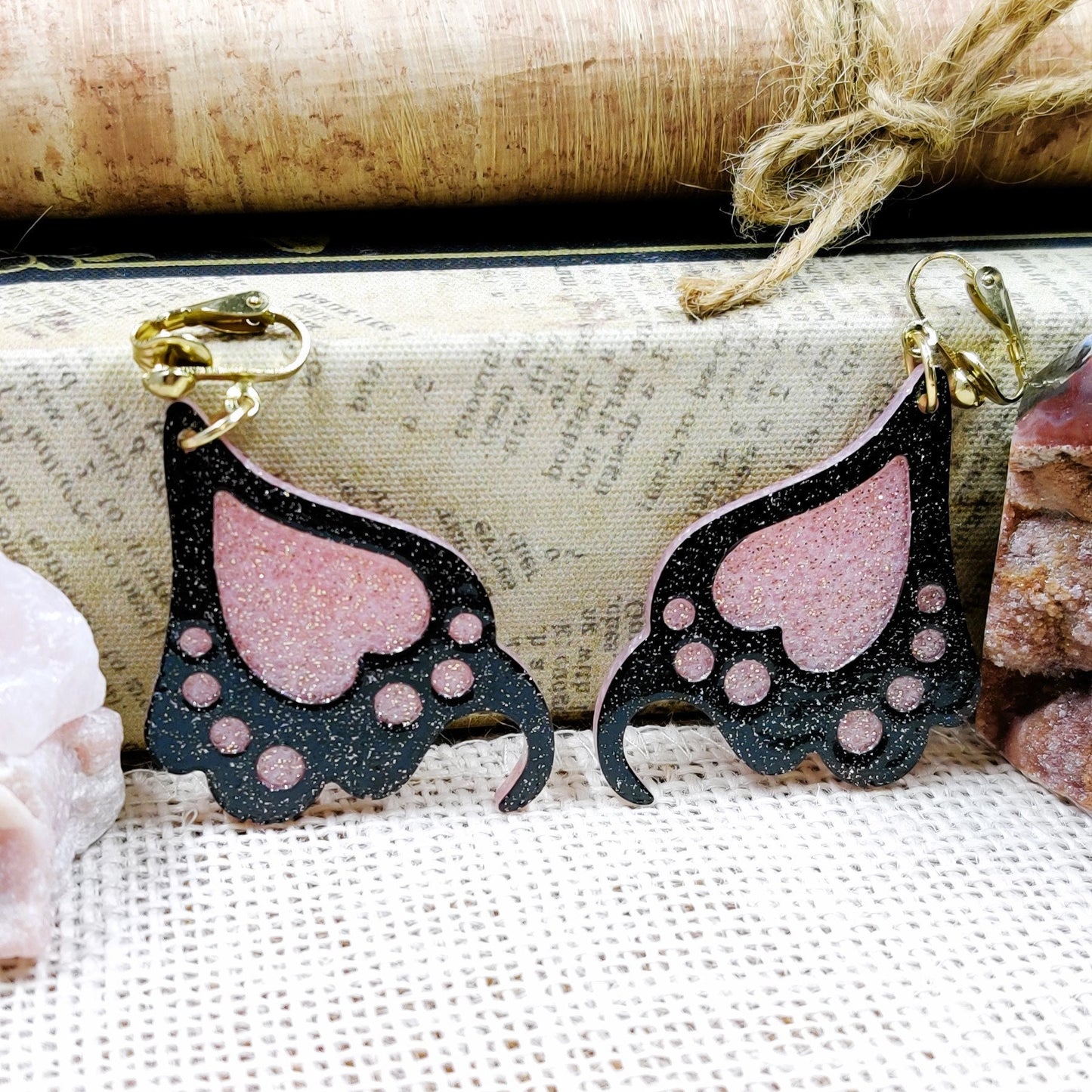 Clip-On Fantasy Fairy Wing Earrings, Black Pink Fae Fashion Lightweight Epoxy Resin Clip-Ons, Fantasy Jewelry For Night Out Or Everyday Wear