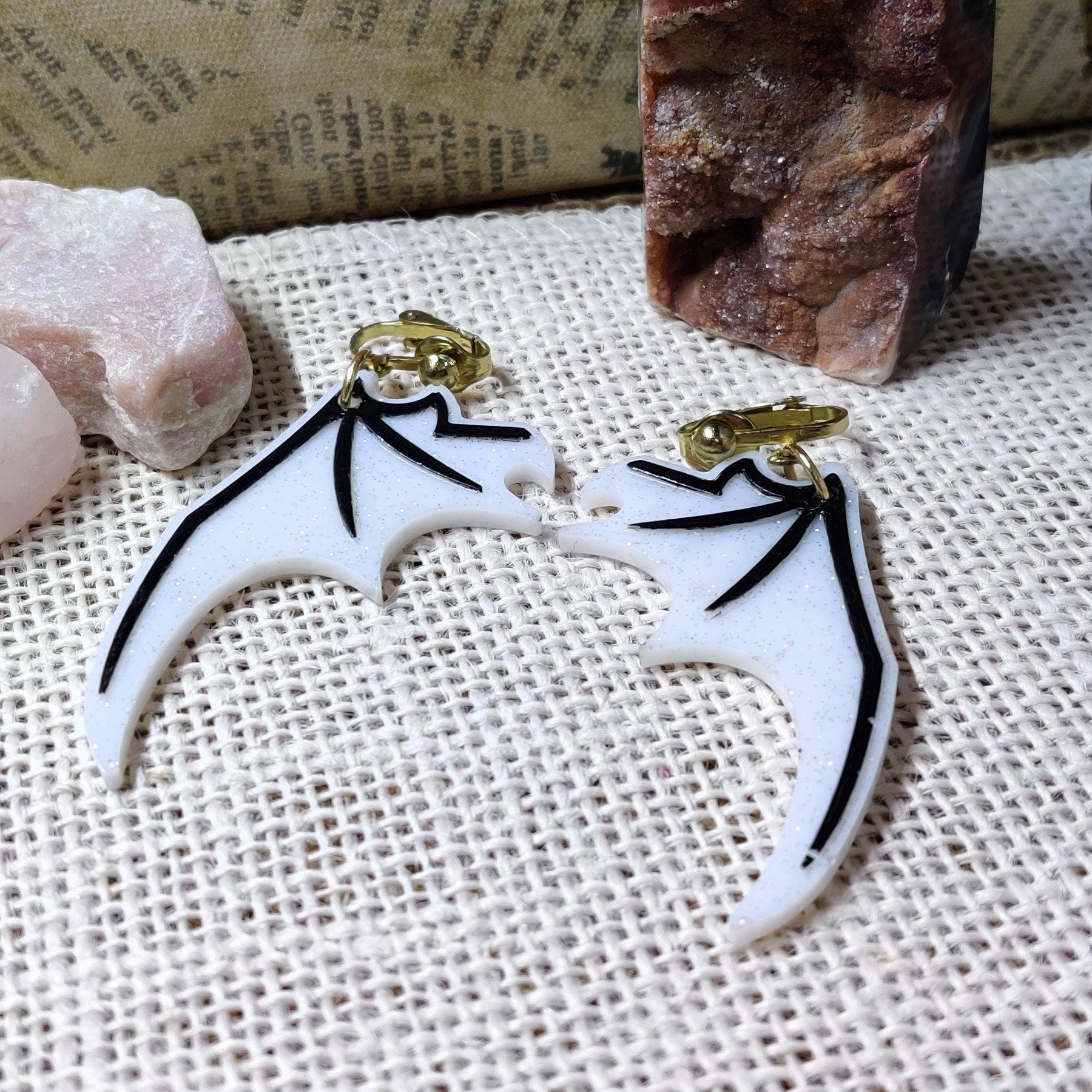 Clip-On Gothic Bat Wing Earrings, Black & White Dark Fashion Lightweight Epoxy Resin Clip-Ons, Spooky Jewelry For Night Out Or Everyday Wear