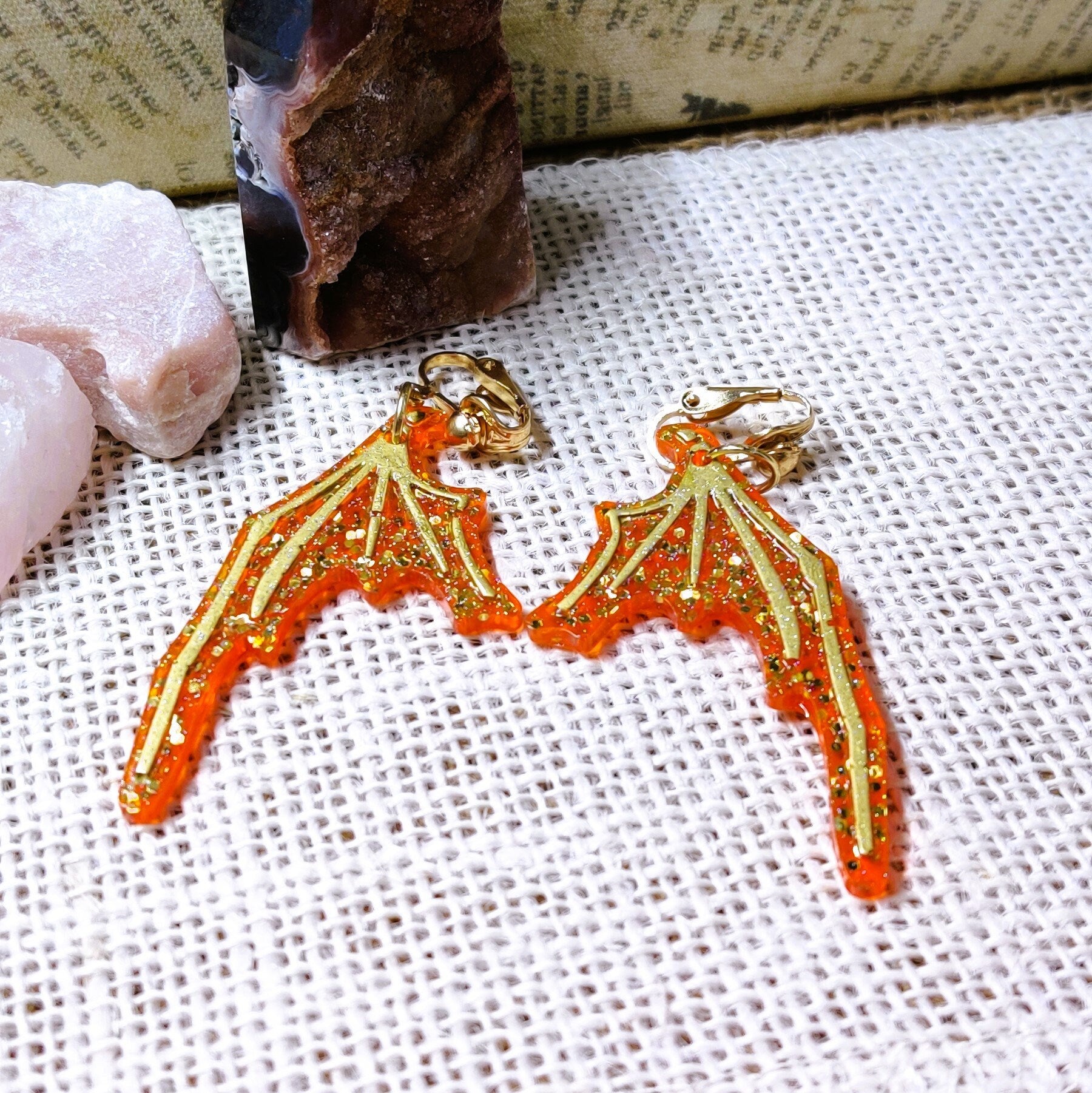 Clip-On Gothic Bat Wing Earrings, Red & Gold Dark Fashion Lightweight Epoxy Resin Clip-Ons, Spooky Jewelry For Night Out Or Everyday Wear