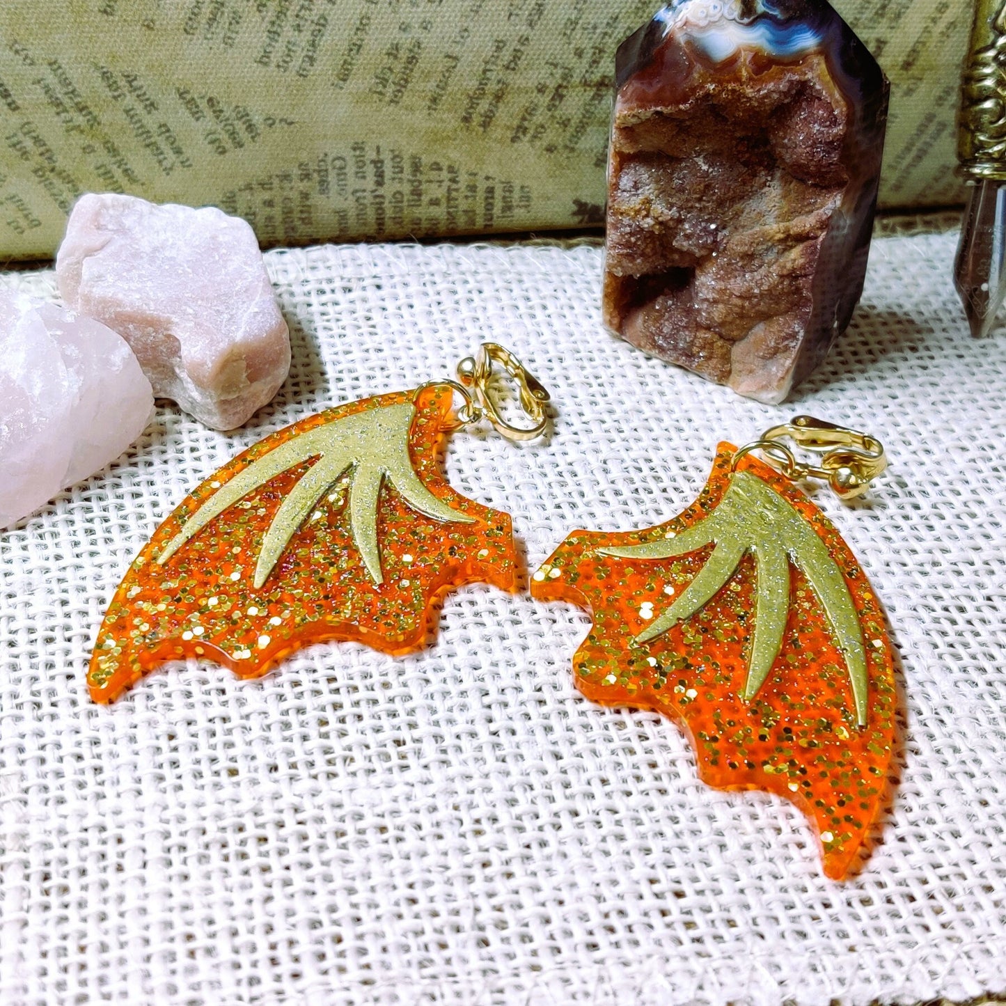 Clip-On Gothic Bat Wing Earrings, Red & Gold Dark Fashion Lightweight Epoxy Resin Clip-Ons, Spooky Jewelry For Night Out Or Everyday Wear