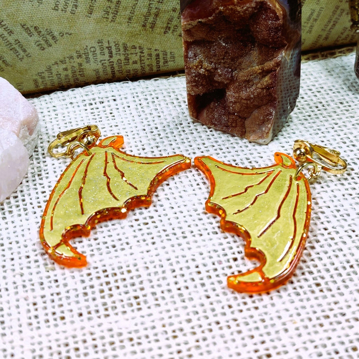 Clip-On Gothic Bat Wing Earrings, Red & Gold Dark Fashion Lightweight Epoxy Resin Clip-Ons, Spooky Jewelry For Night Out Or Everyday Wear