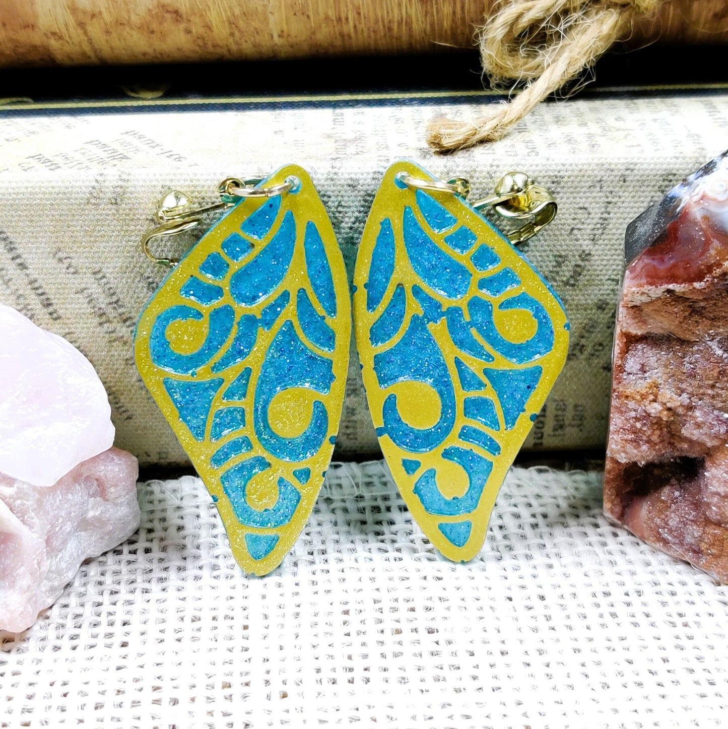 Clip-On Fantasy Fairy Wing Earrings, Blue Gold Fae Fashion Lightweight Epoxy Resin Clip-Ons, Fantasy Jewelry For Night Out Or Everyday Wear