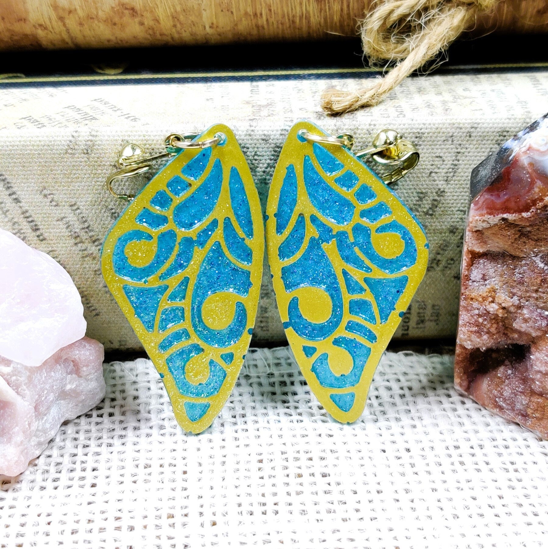 Clip-On Fantasy Fairy Wing Earrings, Blue Gold Fae Fashion Lightweight Epoxy Resin Clip-Ons, Fantasy Jewelry For Night Out Or Everyday Wear