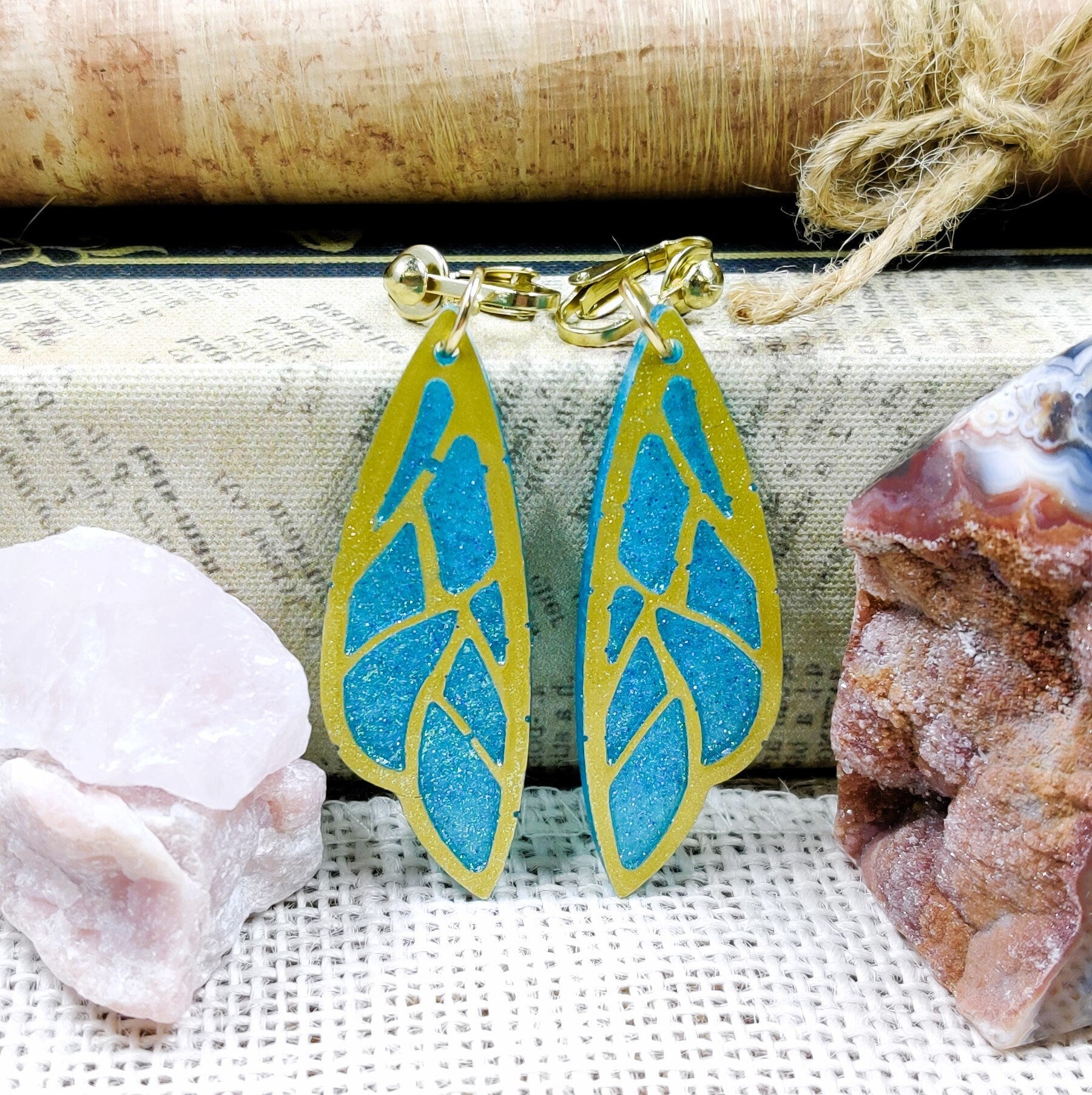 Clip-On Fantasy Fairy Wing Earrings, Blue Gold Fae Fashion Lightweight Epoxy Resin Clip-Ons, Fantasy Jewelry For Night Out Or Everyday Wear