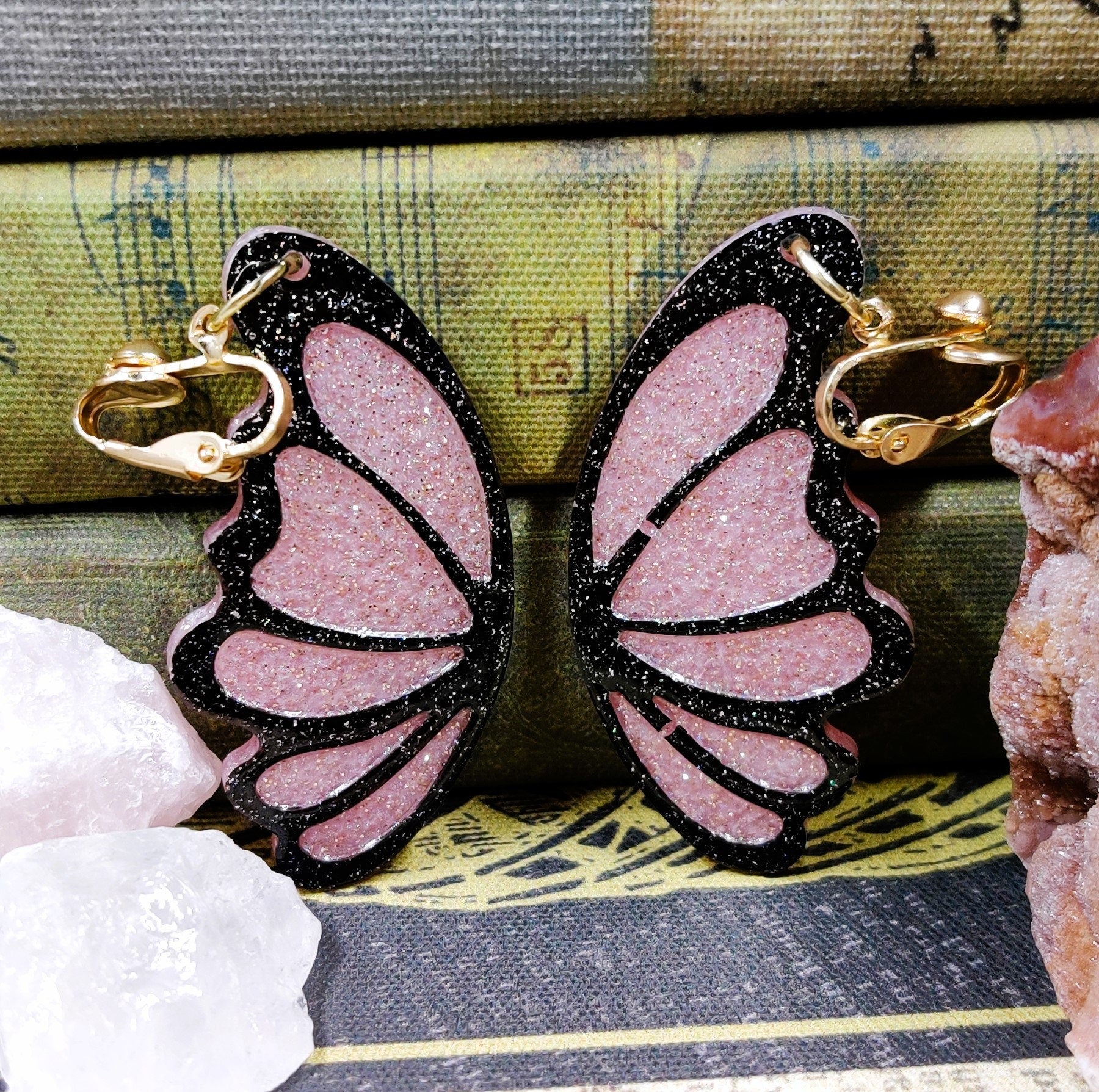 Clip-On Fantasy Fairy Wing Earrings, Black Pink Fae Fashion Lightweight Epoxy Resin Clip-Ons, Fantasy Jewelry For Night Out Or Everyday Wear