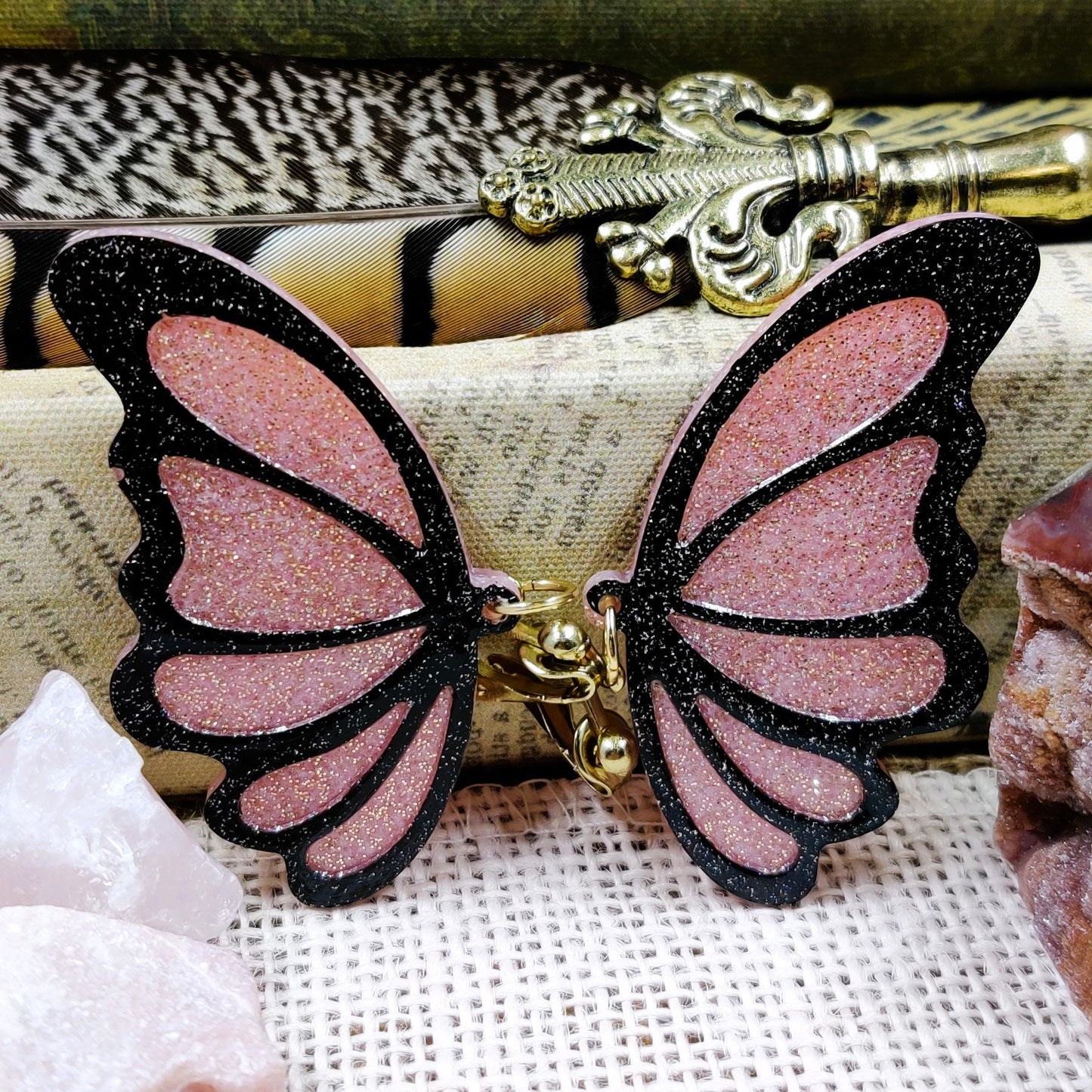 Clip-On Fantasy Fairy Wing Earrings, Black Pink Fae Fashion Lightweight Epoxy Resin Clip-Ons, Fantasy Jewelry For Night Out Or Everyday Wear