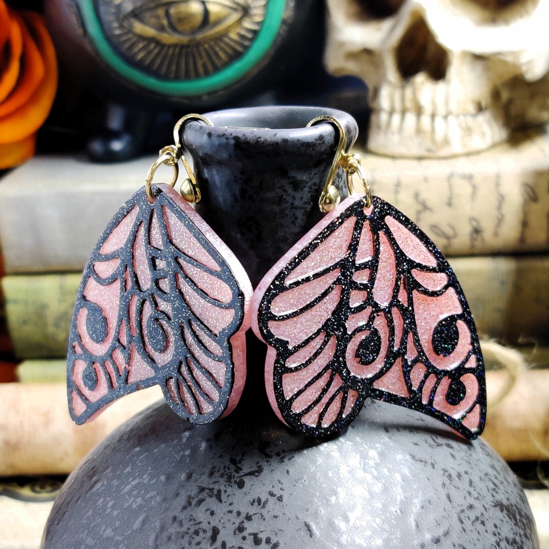 Clip-On Fantasy Fairy Wing Earrings, Black Pink Fae Fashion Lightweight Epoxy Resin Clip-Ons, Fantasy Jewelry For Night Out Or Everyday Wear