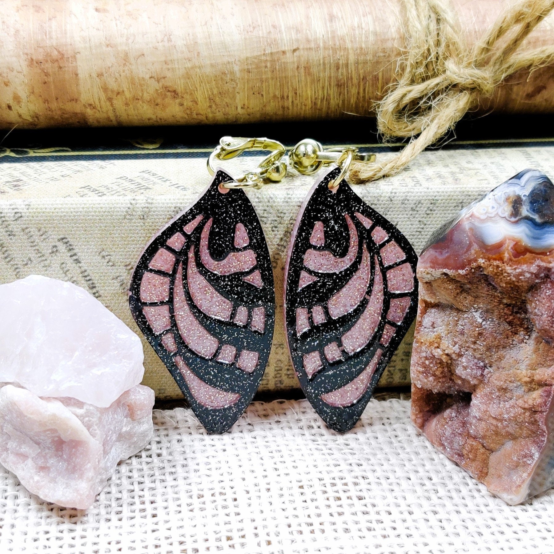 Clip-On Fantasy Fairy Wing Earrings, Black Pink Fae Fashion Lightweight Epoxy Resin Clip-Ons, Fantasy Jewelry For Night Out Or Everyday Wear