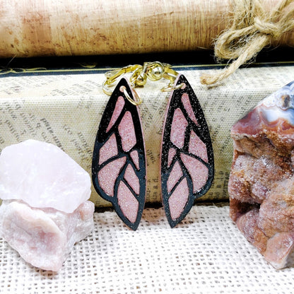 Clip-On Fantasy Fairy Wing Earrings, Black Pink Fae Fashion Lightweight Epoxy Resin Clip-Ons, Fantasy Jewelry For Night Out Or Everyday Wear