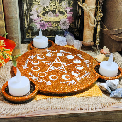 Pentagram Moonphase Candle Holder, Triple Tealight Lunar Cycle Altar Accessory, 5 Pointed Star Candle Holder for Moon Ritual or Pagan Decor