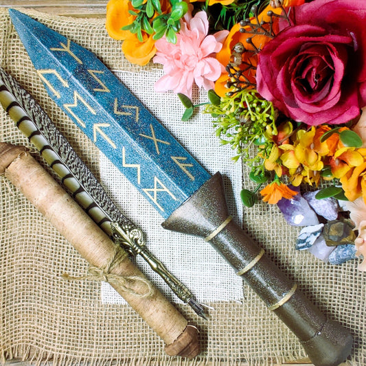 Norse Pagan Ritual Blade, Epoxy Resin Elder Futhark Rune Athame, Nordic Design Altar Piece, For Sacred Space or Ancient Viking Decor