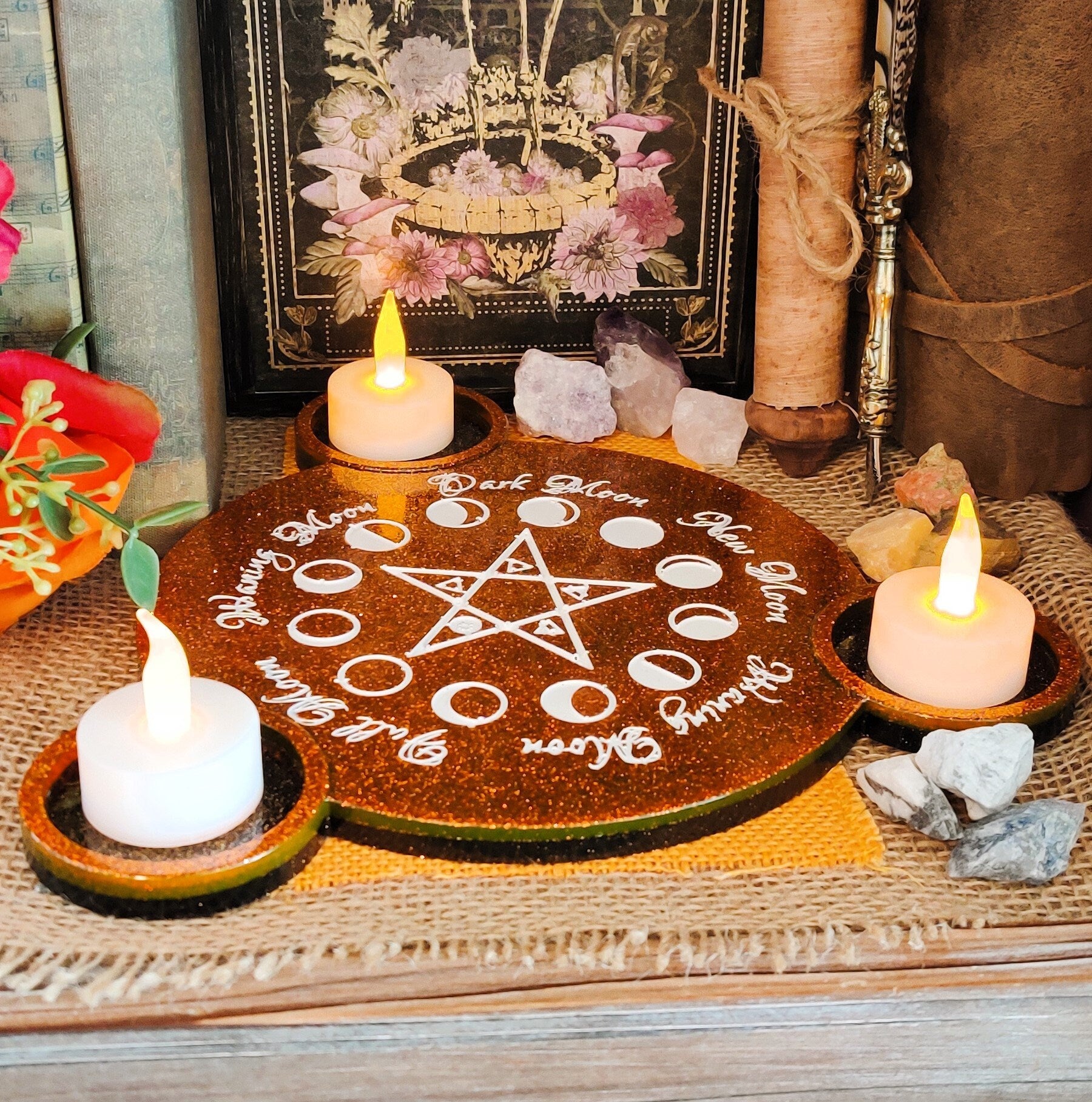 Pentagram Moonphase Candle Holder, Triple Tealight Lunar Cycle Altar Accessory, 5 Pointed Star Candle Holder for Moon Ritual or Pagan Decor