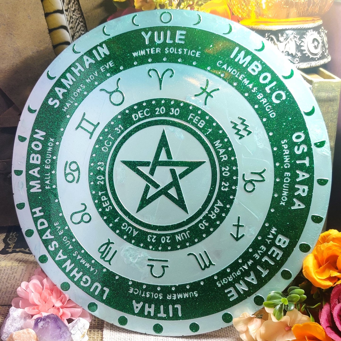 12 Zodiac Pagan Calendar, Astrological Wheel of The Year for Secular Witch & Wicca Altar, Ostara Gift, Yule Gift, Resin Witchcraft Decor