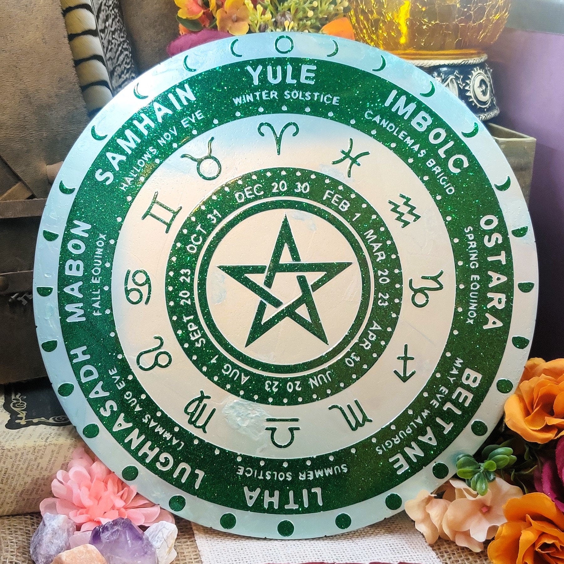 12 Zodiac Pagan Calendar, Astrological Wheel of The Year for Secular Witch & Wicca Altar, Ostara Gift, Yule Gift, Resin Witchcraft Decor