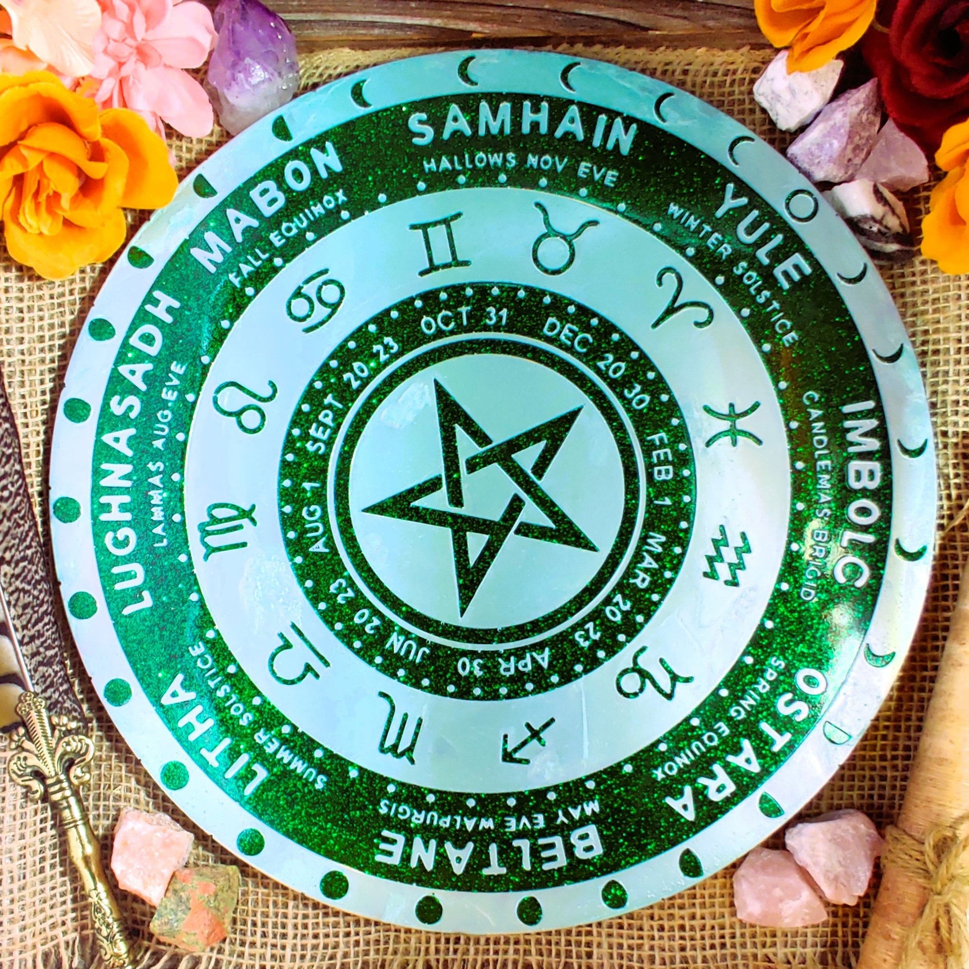 12 Zodiac Pagan Calendar, Astrological Wheel of The Year for Secular Witch & Wicca Altar, Ostara Gift, Yule Gift, Resin Witchcraft Decor