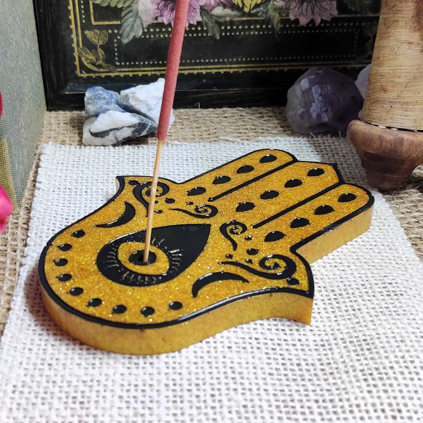 Hamsa Hand Incense Holder, Hand of Fatima Stick incense Holder, Epoxy Resin Incense Burner for Evil Eye Protection and Banishing Ritual