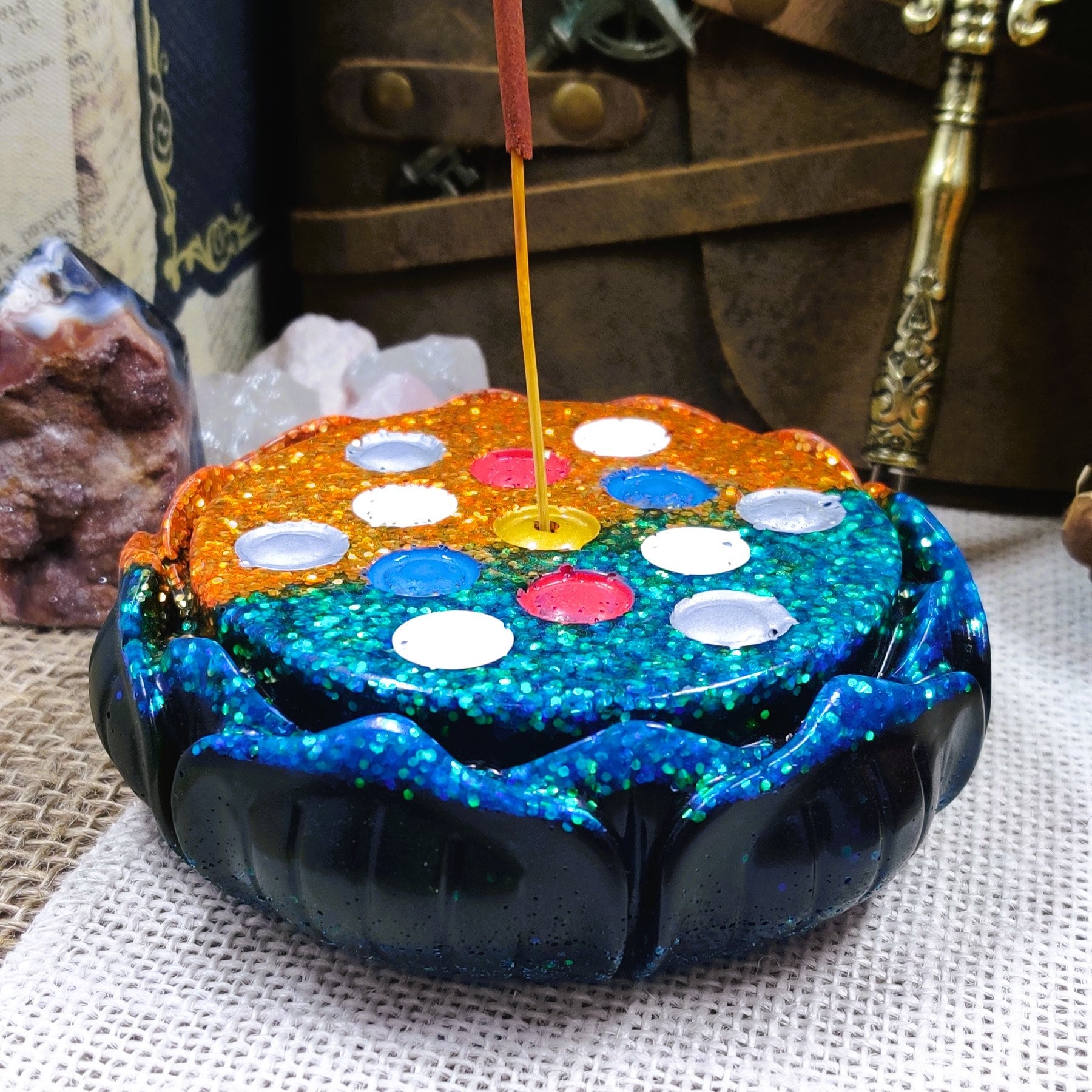 Lotus Pod Incense Holder, Fire and Ice Water Lily Incense Burner, Epoxy Resin Stick Incense Holder for Meditation Altar and Sacred Space - The Dark Primordial