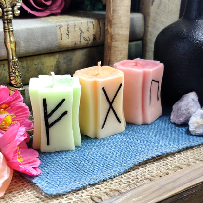 Nordic Runes Candle Set - Uruz, Gebo, Fehu - 4oz Organic Coconut Soy Wax Candle, Pagan Witchy Gifts, Cucumber Melon Honey Vanilla Scent - The Dark Primordial