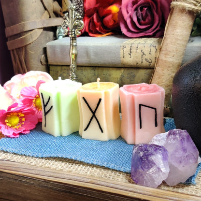 Nordic Runes Candle Set - Uruz, Gebo, Fehu - 4oz Organic Coconut Soy Wax Candle, Pagan Witchy Gifts, Cucumber Melon Honey Vanilla Scent - The Dark Primordial